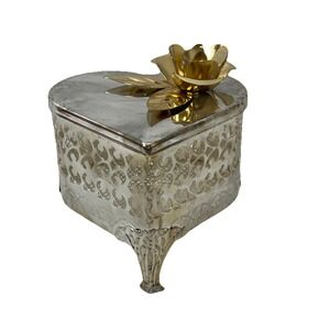 Heart and Rose Silver Plated Trinket Ring Jewelry Box, Filigree Silver Tone Mesh